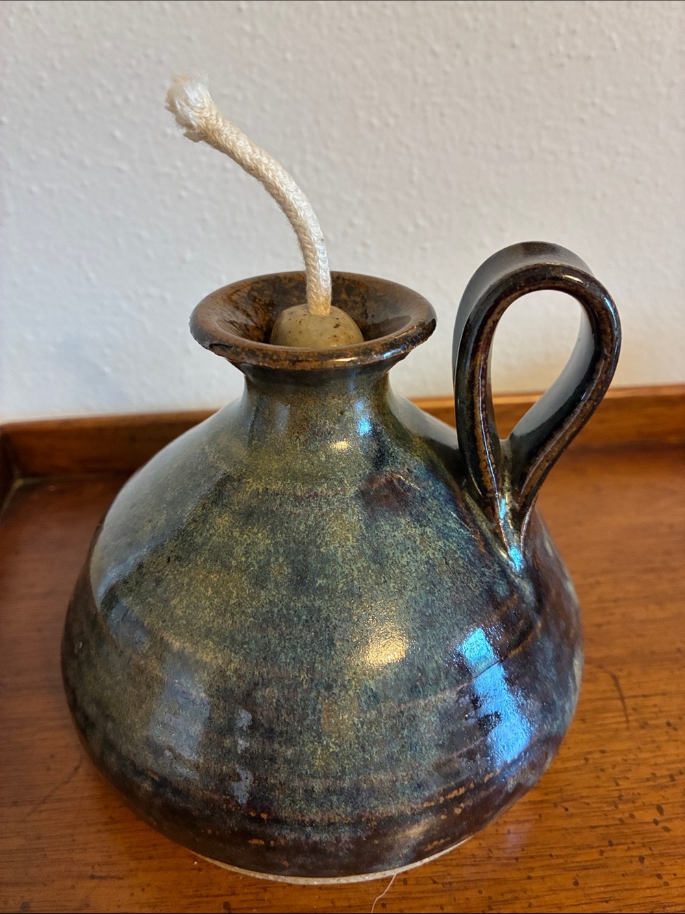 Handcrafted Ceramic Oil Lamp in Blue and Dark Brown Glaze